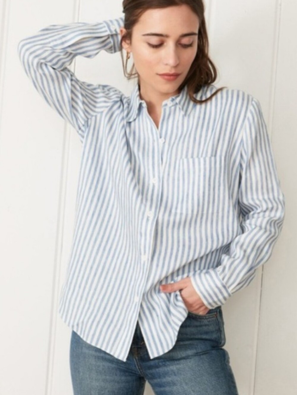 JENNI KAYNE button back linen boyfriend shirt M